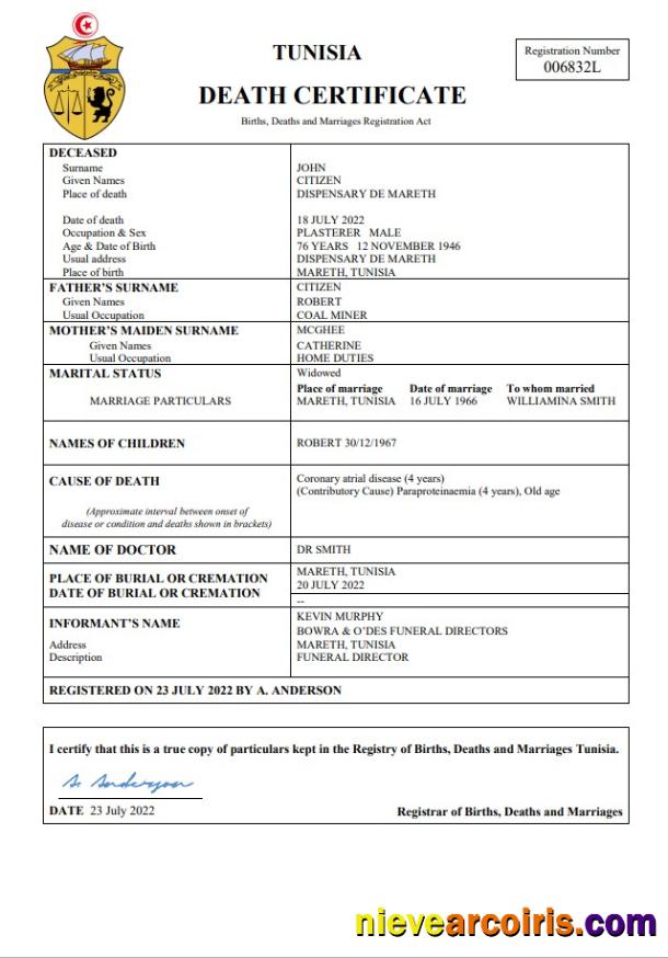 Tunisia vital record death certificate